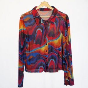 *SOLD VIA DEPOP* NWOT Psychedelic Print Mesh Button Down Top (Plus Size) 2X